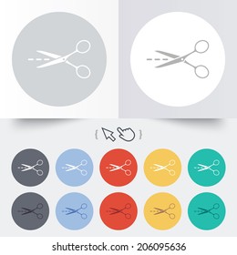Scissors with cut dash dotted line sign icon. Tailor symbol. Round 12 circle buttons. Shadow. Hand cursor pointer. Vector