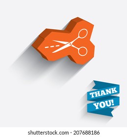 Scissors with cut dash dotted line sign icon. Tailor symbol. White icon on orange 3D piece of wall. Carved in stone with long flat shadow. Vector