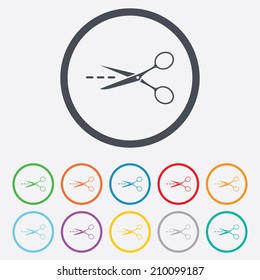Scissors with cut dash dotted line sign icon. Tailor symbol. Round circle buttons with frame. Vector