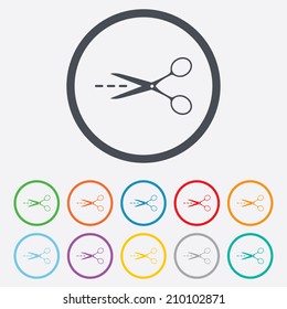 Scissors with cut dash dotted line sign icon. Tailor symbol. Round circle buttons with frame. Vector