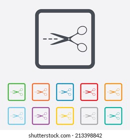 Scissors with cut dash dotted line sign icon. Tailor symbol. Round squares buttons with frame. Vector