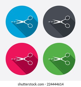 Scissors with cut dash dotted line sign icon. Tailor symbol. Circle buttons with long shadow. 4 icons set. Vector