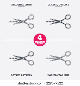 Scissors with cut dash dotted line sign icon. Tailor symbol. Diagonal and horizontal lines, classic outline, dotted texture. Pattern design icons.  Vector