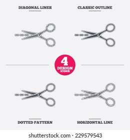 Scissors with cut dash dotted line sign icon. Tailor symbol. Diagonal and horizontal lines, classic outline, dotted texture. Pattern design icons.  Vector