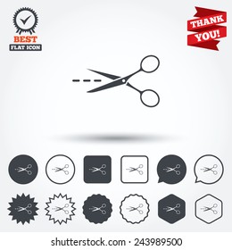 Scissors with cut dash dotted line sign icon. Tailor symbol. Circle, star, speech bubble and square buttons. Award medal with check mark. Thank you. Vector