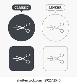 Scissors with cut dash dotted line sign icon. Tailor symbol. Classic and line web buttons. Circles and squares. Vector
