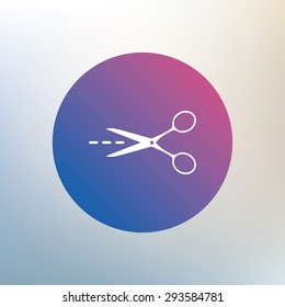 Scissors with cut dash dotted line sign icon. Tailor symbol. Icon on blurred background. Vector