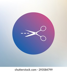 Scissors with cut dash dotted line sign icon. Tailor symbol. Icon on blurred background. Vector