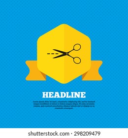 Scissors with cut dash dotted line sign icon. Tailor symbol. Yellow label tag. Circles seamless pattern on back. Vector