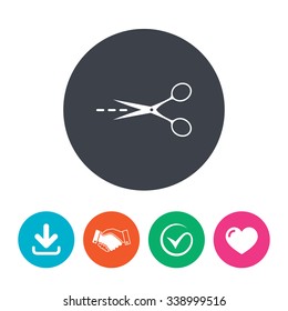 Scissors with cut dash dotted line sign icon. Tailor symbol. Download arrow, handshake, tick and heart. Flat circle buttons.