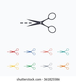 Scissors with cut dash dotted line sign icon. Tailor symbol. Colored flat icons on white background.