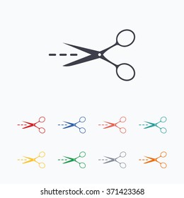 Scissors with cut dash dotted line sign icon. Tailor symbol. Colored flat icons on white background.