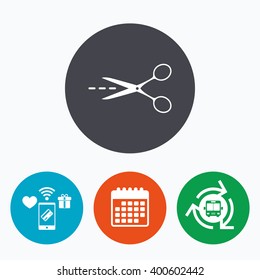 Scissors with cut dash dotted line sign icon. Tailor symbol. Mobile payments, calendar and wifi icons. Bus shuttle.