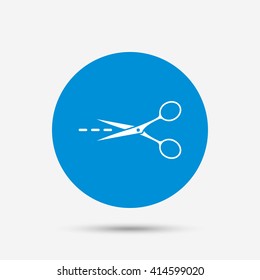 Scissors with cut dash dotted line sign icon. Tailor symbol. Blue circle button with icon. Vector