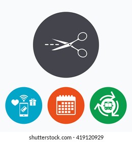 Scissors with cut dash dotted line sign icon. Tailor symbol. Mobile payments, calendar and wifi icons. Bus shuttle.