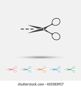 Scissors with cut dash dotted line sign icon. Tailor symbol. Graphic element on white background. Colour clean flat tailor scissors icons. Vector