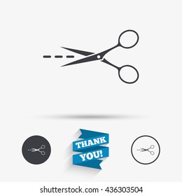 Scissors With Cut Dash Dotted Line Sign Icon. Tailor Symbol. Flat Icons. Buttons With Icons. Thank You Ribbon. Vector