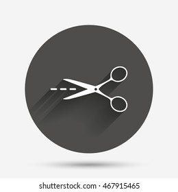 Scissors with cut dash dotted line sign icon. Tailor symbol. Circle flat button with shadow. Vector