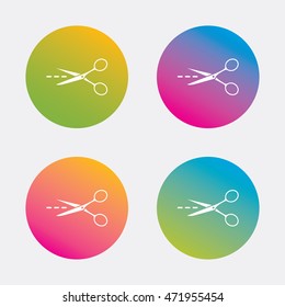 Scissors with cut dash dotted line sign icon. Tailor symbol. Gradient flat buttons with icon. Modern design. Vector