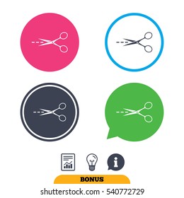 Scissors with cut dash dotted line sign icon. Tailor symbol. Report document, information sign and light bulb icons. Vector