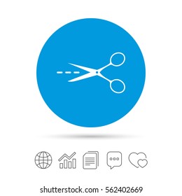 Scissors with cut dash dotted line sign icon. Tailor symbol. Copy files, chat speech bubble and chart web icons. Vector