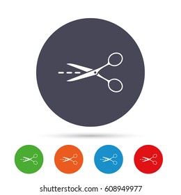 Scissors with cut dash dotted line sign icon. Tailor symbol. Round colourful buttons with flat icons. Vector