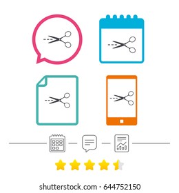 Scissors with cut dash dotted line sign icon. Tailor symbol. Calendar, chat speech bubble and report linear icons. Star vote ranking. Vector