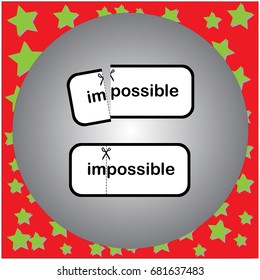 Scissors with cut dashed lines between the word im and possible. Motivation concept.