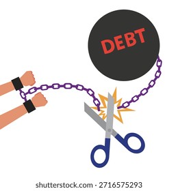  Scissors Cut Debt Ball for Freedom. Freedom from debt ball, Debt Free Concept. Illustration, Cartoon, Vector.