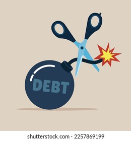 Scissors to cut debt bomb.   Modern vector illustration in flat style 