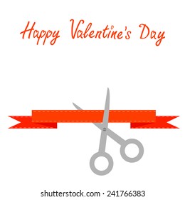 Scissors cut decorative red ribbon with dash line. Happy Valentines day card Flat design style. Vector illustration