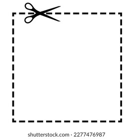 Scissors cut dotted line coupon with dash icon. Shear trim sqaure shape voucher or gift code along the guide line with dash or dot border. Vector flat illustation.