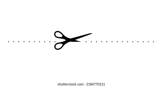 Scissors cut dotted line with dash mark icon. Shear trim paper coupon or the cloth along the line border. Simple silhouette graphic design element. Vector flat illustration.