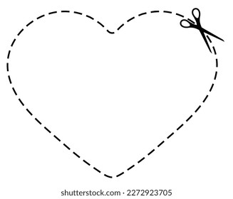 Scissors cut dotted line heart with dash icon. Shear trim heart shape voucher or papet promo code along the guide line with dash or dot border. Vector flat illustation.