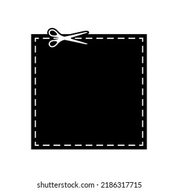 Scissors Cut Dotted Line Square Coupon With Dash Icon. Shear Trim Black Sqaure Shape Voucher Or Gift Code Along The Guide Line With Dash Or Dot Border. Vector Flat Illustation.