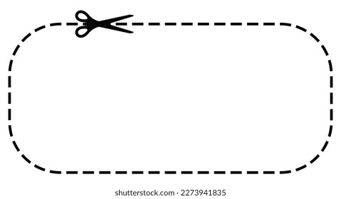 Scissors cut dotted line voucher with dash icon. Shear trim rectangle shape coupon or promo offer code along the guide line with dash or dot border. Vector flat illustation.