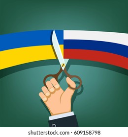 Scissors cut the flags of Russia and Ukraine. Stock vector illustration.