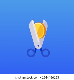 Scissors cut gold coin. Cost reduction or cut price. Vector illustration.