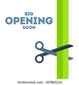 Scissors cut the green ribbon vector poster with text Ã?Â«Big opening soonÃ?Â» from the left