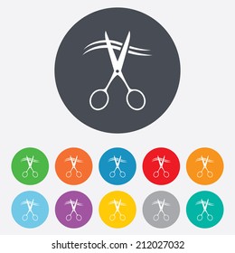 Scissors cut hair sign icon. Hairdresser or barbershop symbol. Round colourful 11 buttons. Vector