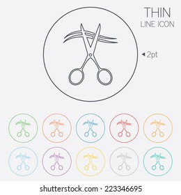 Scissors cut hair sign icon. Hairdresser or barbershop symbol. Thin line circle web icons with outline. Vector