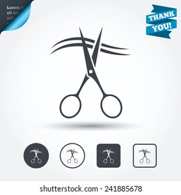 Scissors Cut Hair Sign Icon. Hairdresser Or Barbershop Symbol. Circle And Square Buttons. Flat Design Set. Thank You Ribbon. Vector