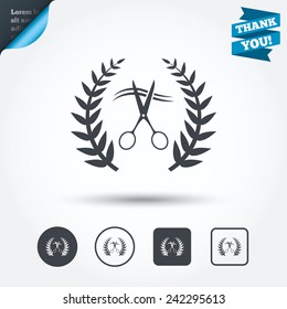 Scissors cut hair sign icon. Hairdresser or barbershop laurel wreath symbol. Winner award. Circle and square buttons. Flat design set. Thank you ribbon. Vector