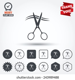 Scissors cut hair sign icon. Hairdresser or barbershop symbol. Circle, star, speech bubble and square buttons. Award medal with check mark. Thank you. Vector