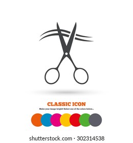 Scissors cut hair sign icon. Hairdresser or barbershop symbol. Classic flat icon. Colored circles. Vector