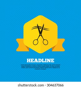 Scissors cut hair sign icon. Hairdresser or barbershop symbol. Yellow label tag. Circles seamless pattern on back. Vector