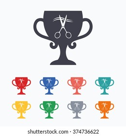 Scissors cut hair sign icon. Hairdresser or barbershop symbol. Winner award cup. Colored flat icons on white background.