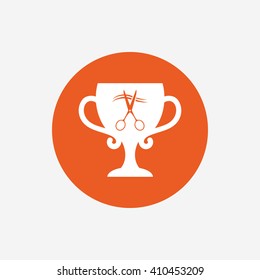 Scissors cut hair sign icon. Hairdresser or barbershop symbol. Winner award cup. Orange circle button with icon. Vector