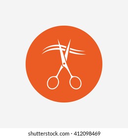 Scissors cut hair sign icon. Hairdresser or barbershop symbol. Orange circle button with icon. Vector