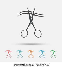 Scissors cut hair sign icon. Hairdresser or barbershop symbol. Graphic element on white background. Colour clean flat hairdresser scissors icons. Vector